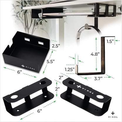 VI+AL Under Desk Laptop Mount - Hidden Metal Shelf with Side Storage, Hook & Cable Organizer - Installs with Tape & Screws - Fits Devices up to 1.7" Thick - Deluxe + LED (USB Light Strip & Remote)