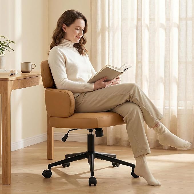 Leather Home Office Chair with Unique Curved Back, Wide Seat Computer Desk Chair with Wheels,Swivel Tilt & Height Adjustable,Matel Base for Home Office, PU Brown