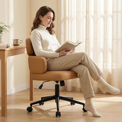 Leather Home Office Chair with Unique Curved Back, Wide Seat Computer Desk Chair with Wheels,Swivel Tilt & Height Adjustable,Matel Base for Home Office, PU Brown