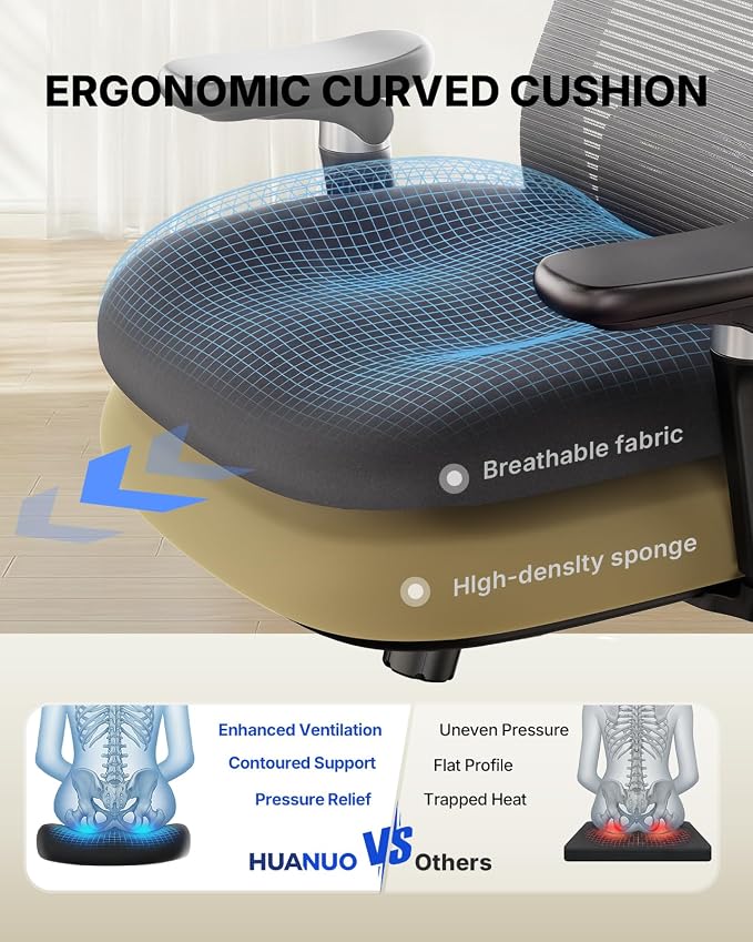 HUANUO Ergonomic Office Chair with 6D Armrest, Seat Depth Adjustment, Lumbar Support, Quiet Rubber Caster, High Back Mesh Gaming Chair with 3D Headrest, Big and Tall Chair for Home Office, Pack of 4