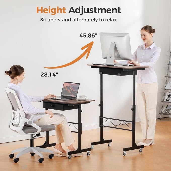 GTPLAYER Small Standing Desk Adjustable Height Small Computer Desk Mobile Portable Rolling Laptop Table with Wheels 32" Computer Workstation Sit Stand Desks Portable Standing Table Treadmill desks