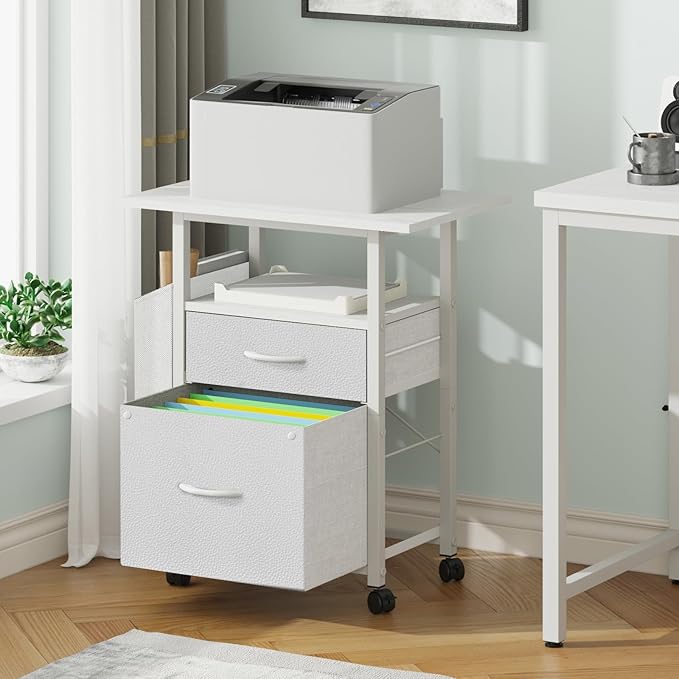 GYIIYUO 2 Drawer File Cabinet with 24'' Extended Desktop, Mobile Filing Cabinet, Rolling File Cabinet with Side Bag, Fabric Drawer, Fits A4/Letter Size, Printer Stand Home Office, White