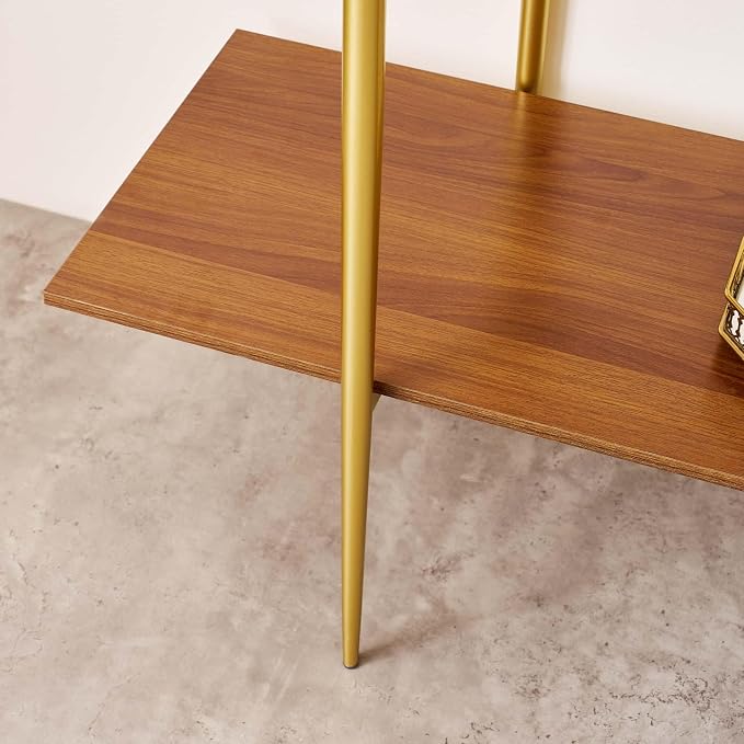 LumFurn Extra Large Glass Console Table for Living Room, Foyer & Entrance, L47 x W16 x H31, Mid-Century Modern Sofa Table with Amber Glass Top, Walnut Finish Wood Top and Gold Finish Metal Frame