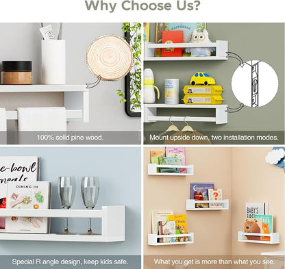 Forbena Floating Nursery Book Shelves for Wall Set of 4, Wall Bookshelf for Kids Room, White Wood Hanging Bookshelves Book Shelf for Baby Toddler Childrens Boy Girl Bedoom Toy and Decor Storage