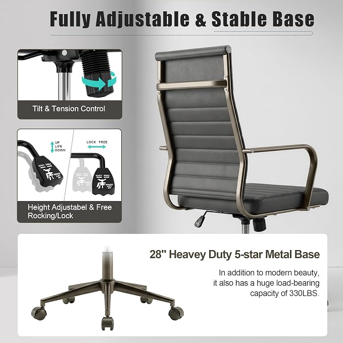 Okeysen Leather Office Desk Chair, Ergonomic Mid Century Modern Conference Room Chairs, Executive Ribbed Height Adjustable Swivel Rolling Chair for Home Office.