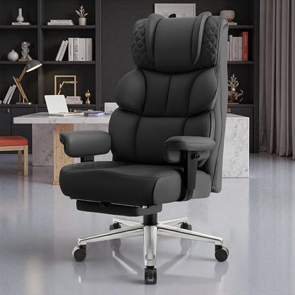 Office Desk Chair, Big and Tall Leather Gaming Chair with Footrest, Wide Ergonomic Comfy Executive High-Back Reclining Computer Chairs, Swivel Rolling Wheels and Padded Lumbar Support, Black Updated
