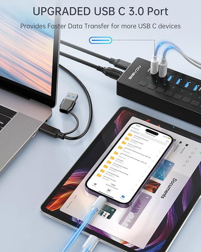 Powered USB 3.0 Hub, ACASIS 16 Port USB Hub Powered(Include 2*USB C 3.0+4 Smart Charging Port) with 60W Power Adapter, Support Wall Mount, USB Hub for PC Laptop, Mac, Printer, Camera