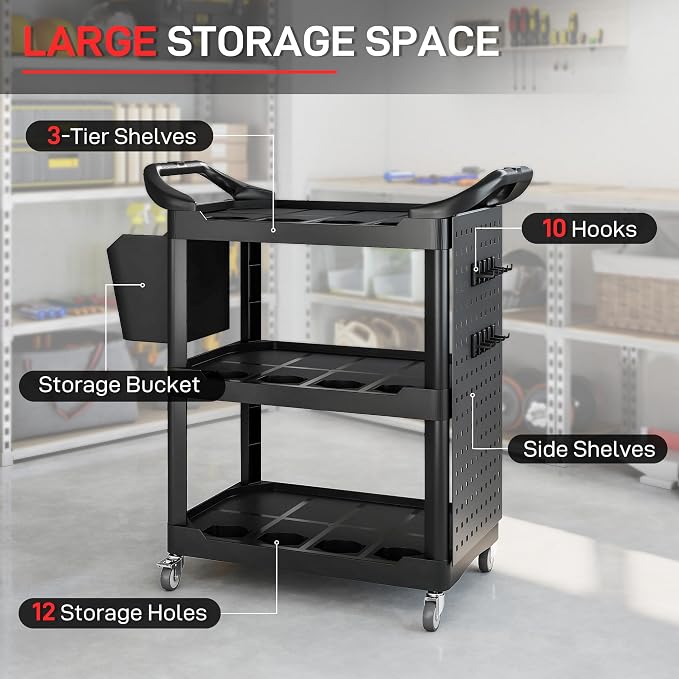 HOMCOM 3 Tier Utility Cart on Wheels, Rolling Tool Storage with Pegboards and Bucket, 200 LBS Load Capacity Plastic Service Cart for Garage, Warehouse, Workshop, Black
