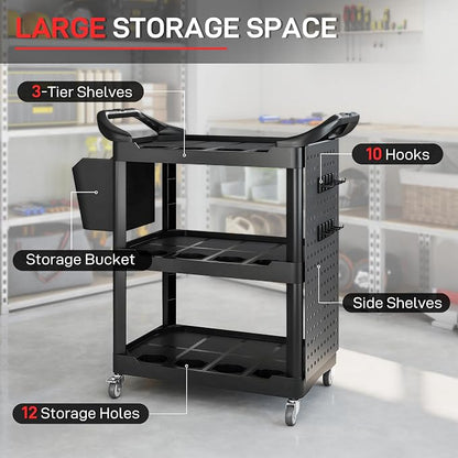 HOMCOM 3 Tier Utility Cart on Wheels, Rolling Tool Storage with Pegboards and Bucket, 200 LBS Load Capacity Plastic Service Cart for Garage, Warehouse, Workshop, Black