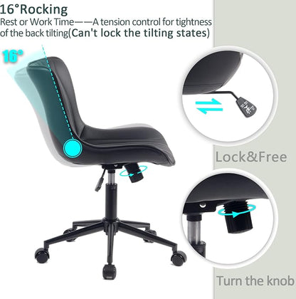 YOUTASTE Black Modern Office Chair, Armless Swivel PU Leather Desk Chair with Wheels, Height Adjustable Rolling Computer Chair with Metal Legs for Bedroom, Home Office, Study, or Vanity