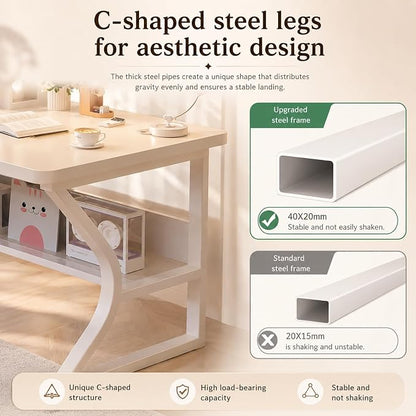Small Computer Desk with Bookshelf, 39.4 Inch Writing Desk White | Storage Bookshelf Design; Space Saving Desk for Small Apartment; Home Office, Bedroom & Study Use; Compact Writing Table