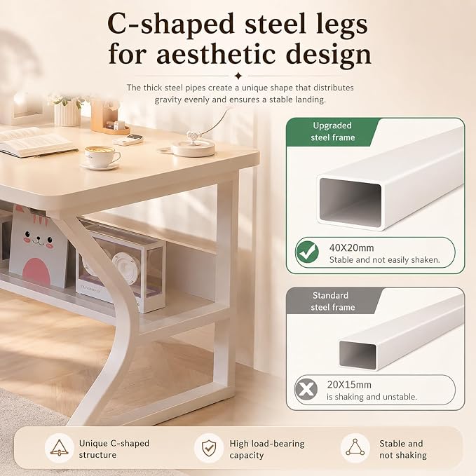 Small Computer Desk with Bookshelf, 39.4 Inch Writing Desk White | Storage Bookshelf Design; Space Saving Desk for Small Apartment; Home Office, Bedroom & Study Use; Compact Writing Table