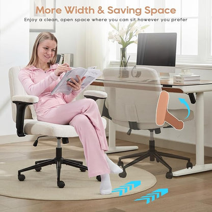 IPKIG Criss Cross Chair with Adjustable Flip-up Arms, Vanity Chair with Wheels, Comfy Desk Chair with Lumbar Pillow Swivel Wide Office Chair for Home Office, Bedroom, Chenille, Beige