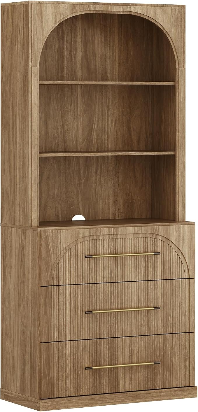 BELLEZE Tall Arched Storage Cabinet with Hutch and Drawers, Modern Bookcase with Display Open Shelves, Wood Highboard for Living Room, Kitchen Pantry and Home Office - Camel