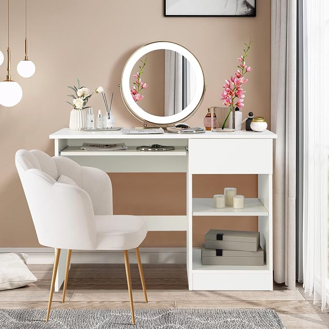 Tangkula White Desk with Drawer, Wooden Computer Desk with Pull-Out Keyboard Tray & Adjustable Storage Shelves, Modern Laptop PC Desk with CPU Stand, Writing Study Desk for Bedroom (White)