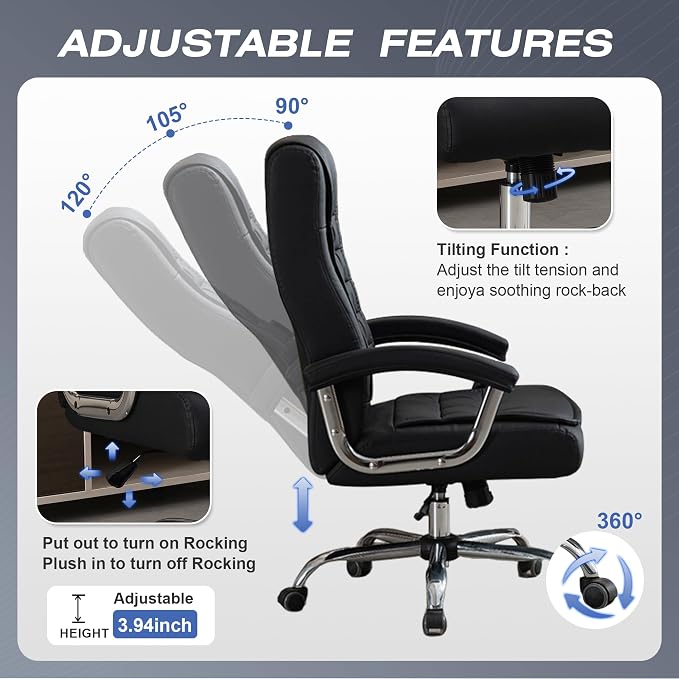 Executive Office Chair Adjustable Leather Chair, High Back Swivel Office Desk Chair with Padded, Armrest 350lbs Load-Bearing Spring Seat Computer Desk Chair for Home Office, Black