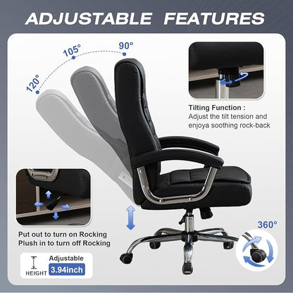 Executive Office Chair Adjustable Leather Chair, High Back Swivel Office Desk Chair with Padded, Armrest 350lbs Load-Bearing Spring Seat Computer Desk Chair for Home Office, Black