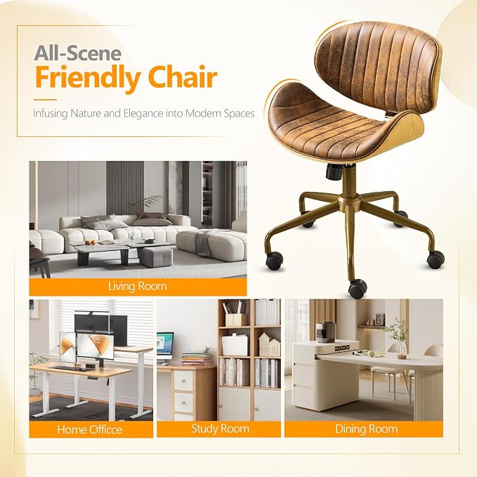 VINGLI Wide Comfotable Swivel Home Office Chair with Wood-Grain Curved Shell,Ergomomic Mid-Back Padded Armless Modern Desk Chair with Wheels,Height Adjustable for Computer,Task,Work,Microfiber,Rustic