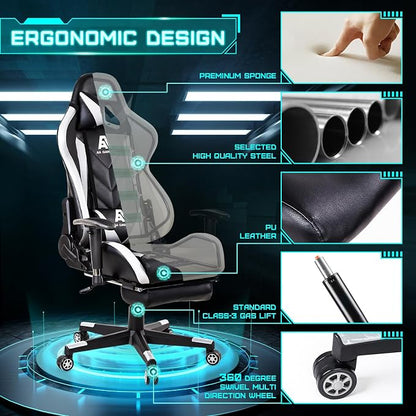 AA Products Gaming Chair High Back Ergonomic Computer Racing Chair Adjustable Office Chair with Footrest, Lumbar Support Swivel Chair - White