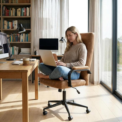 GXJ Brown Office Chair with Memory Foam Seat | 4.9'' Memory Foam Seat and 4.7'' Comfortable Backrest, High Back Leather Executive Chair with Wheels and Arms for Women