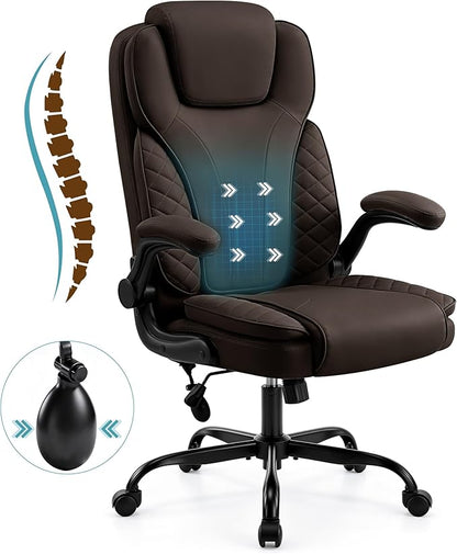 Ergonomic Office Chair, PU Leather High Back Executive Chair with Adjustable Inflatable Lumbar Support and Padded Flip-Up Arms, Recline Swivel Task Computer Chair for Home Office, Dark Brown