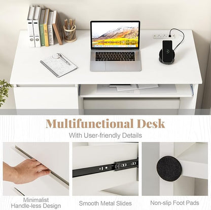 Giantex White Desk with Drawers, Modern Computer Desk with Charging Station & Keyboard Tray, Laptop PC Computer Workstation, Study Writing Desk for Bedroom