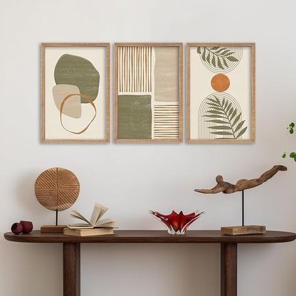 SRSZHIYUE Large Green Abstract Boho Plant Wall Art Neutral Bohemian Set of 3 Wood Framed 24x16 Inch for Living Room Bedroom Wall Decor Hanging (Wood)