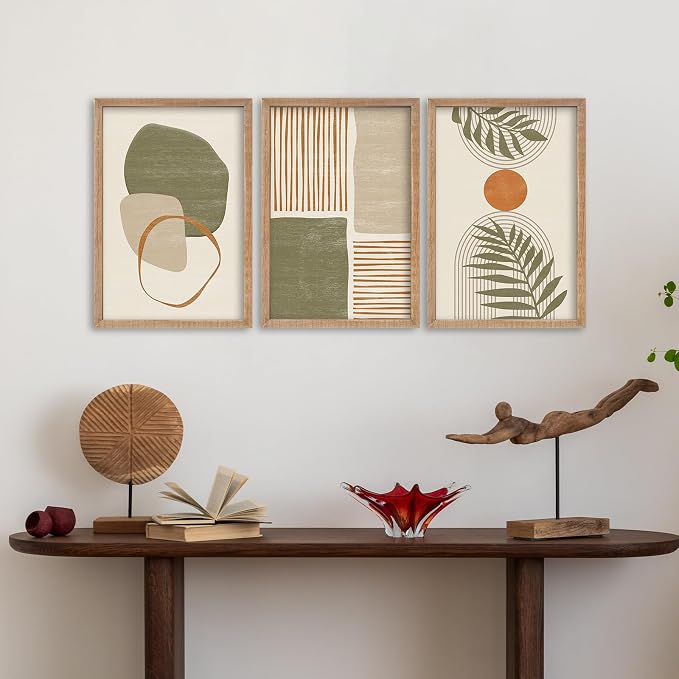 SRSZHIYUE Large Green Abstract Boho Plant Wall Art Neutral Bohemian Set of 3 Wood Framed 16x11 Inch for Living Room Bedroom Wall Decor Hanging (Wood)