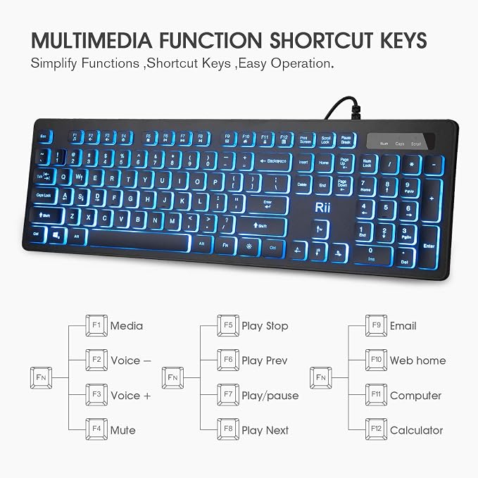 Rii Three Colors Backlit Keyboard and Mouse, Wired Keyboard and Mouse Combo, USB Keyboard and Mouse Set,Quiet Input Gaming Keyboard,Optical RGB Mouse for School,Office,Business and Gaming