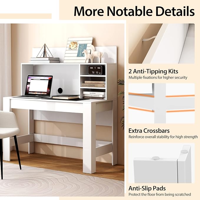 GOFLAME Computer Desk with Hutch, Wooden Writing Desk with Anti-Toppling Device, Cable Management Hole, Modern Home Office Workstation PC Laptop Table for Small Space, White