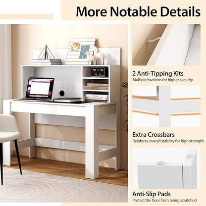 GOFLAME Computer Desk with Hutch, Wooden Writing Desk with Anti-Toppling Device, Cable Management Hole, Modern Home Office Workstation PC Laptop Table for Small Space, White