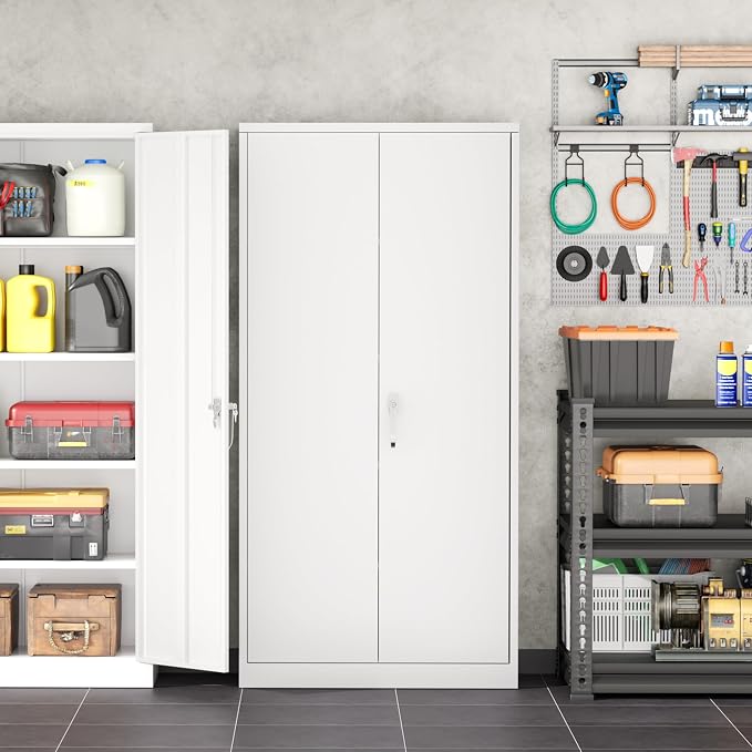 INTERGREAT Metal Garage Storage Cabinet with Lock, 72" Storage Cabinet with Locking Doors and 4 Adjustable Shelves, Lockable Steel Tool Cabinet for Home Office, School,White