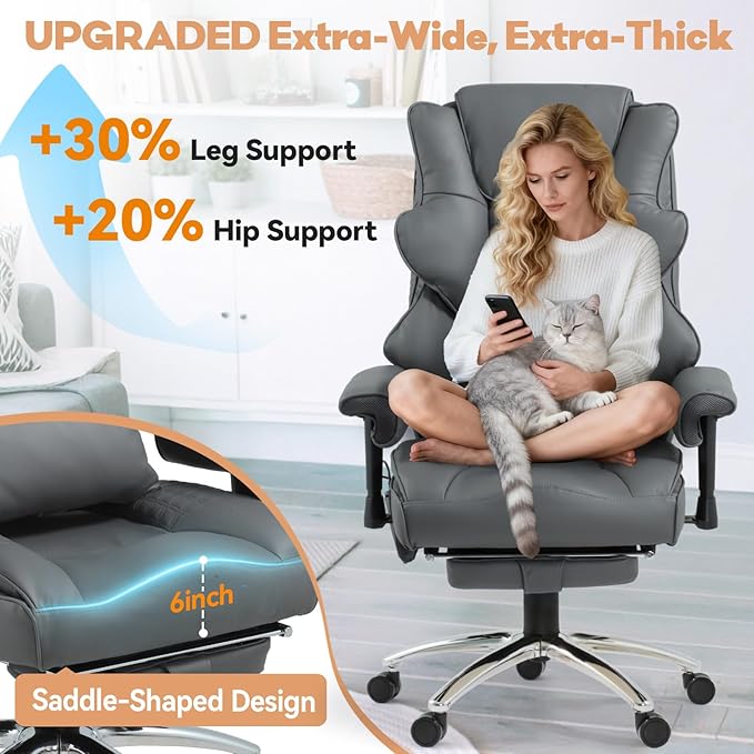 Massage Office Chair with Foot Rest, Ergonomic Executive Heated Office Chair with Reclining Backrest, Adjustable Arms and Lumbar Support, High Back Leather Desk Chairs for Home Office, Gray