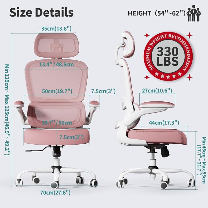 TRALT Office Chair Ergonomic Desk Chair, 330 LBS Home Mesh Office Desk Chairs with Wheels, Comfortable Gaming Chairs (Pink)