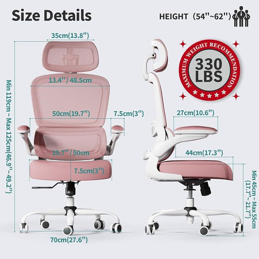 TRALT Office Chair Ergonomic Desk Chair, 330 LBS Home Mesh Office Desk Chairs with Wheels, Comfortable Gaming Chairs (Pink)