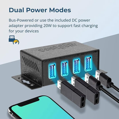 Coolgear 3.2 Gen 1 USB Hub - 4 Port USB Hub with 5Gbps Data Transfers, Mountable Metal Housing, 5V Power Adapter, ESD Surge Protection, Bus or Self Powered