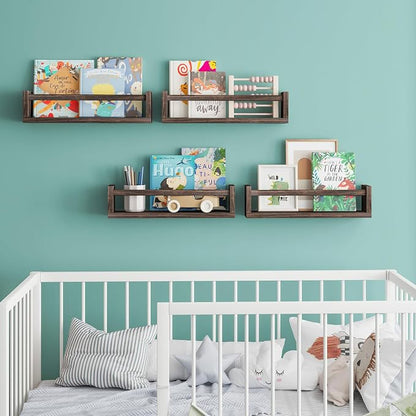 Fixwal Floating Book Shelves for Wall, 16.5 Inch Nursery Book Shelves for Kids Rooms, Shelves for Kids Room Set of 4, Solid Wood Wall Mounted Shelves for Books and Toys Storage (Brown)