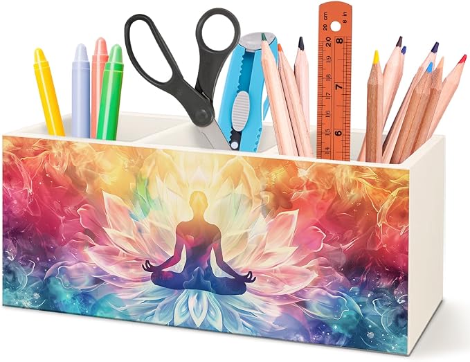 Zen Yoga Gifts Wooden Pen Pencil Holder for Office Desk Accessories,Yoga Zen Meditation Spiritual Gifts for Women Makeup Brush Toothbrush Holder Organizer for Bathroom Spa