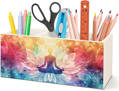Zen Yoga Gifts Wooden Pen Pencil Holder for Office Desk Accessories,Yoga Zen Meditation Spiritual Gifts for Women Makeup Brush Toothbrush Holder Organizer for Bathroom Spa