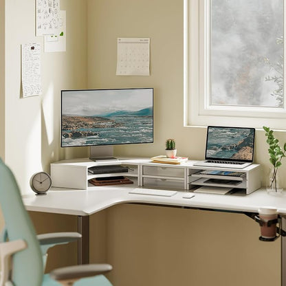 Fenge Dual Monitor Stand, Corner Monitor shelf with Drawer and Slide-Out Tray, 2 Tier Triangle Monitor Riser with Storage, Desk Shelf Organizer for Desk, Home Office, Computer, Laptop, Printer