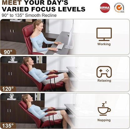 E-Motie Office Chair, Leather Desk Chair with Rubber Wheels, Ergonomic Computer Chair 500 LBS with Lumbar Support, High Back Executive Chair for Modern Home Office, Red