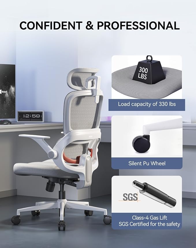 SIHOO B100 SE Office Chair, Soft Memory Foam Desk Chair with Adaptive Lumbar Support & 2D Flip-up Armrests, 135° tilt Computer Chair for Home Office, White