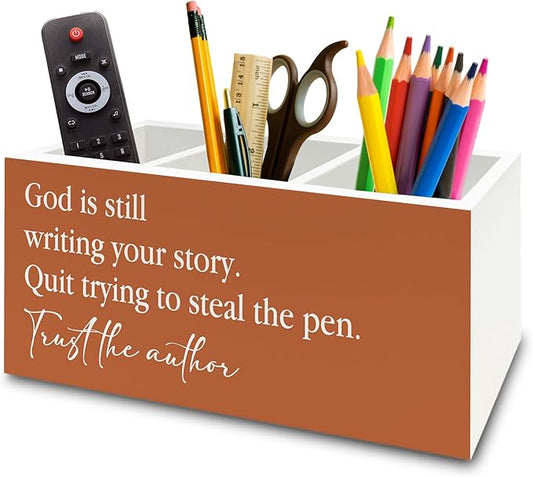 Inspirational Christian Pen Pencil Holder Organizer for Desk, God Is Still Writing Your Story Bible Verse Religious Terracotta Wooden Box Sign for Office Home Desk Tabletop Decorations