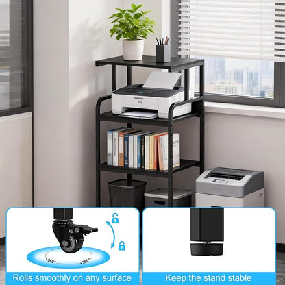Black 4 Tier Adjustable Shelf Mobile Printer Stand Rolling Storage Cart | Space saving design fits small home office spaces supports scanner cricut heat press fax machine and other office equipment