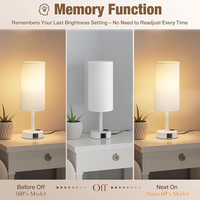 Touch Bedside Table Lamp with Memory - Stepless Dimmable Lamp for Bedroom, Small Nightstand Lamp with Dual USB Charging Ports and AC Outlet, Wood Night Light, Desk Lamp for Nursery (White & White)