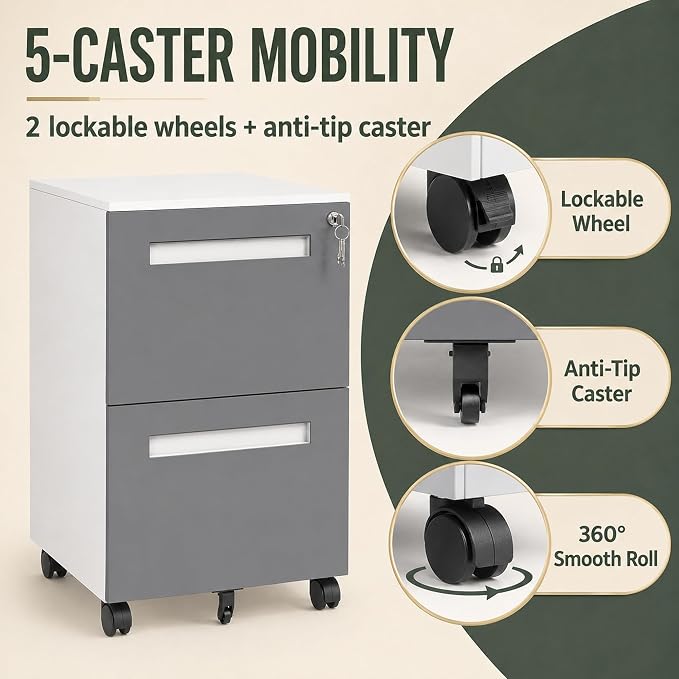 SAWJEC 2 Drawer File Cabinet with Lock, Grey Fully Assembled Rolling Metal Filing Cabinet for Home Office, Fits Letter/Legal/A4, Grey, 18" D x 15" W x 27" H