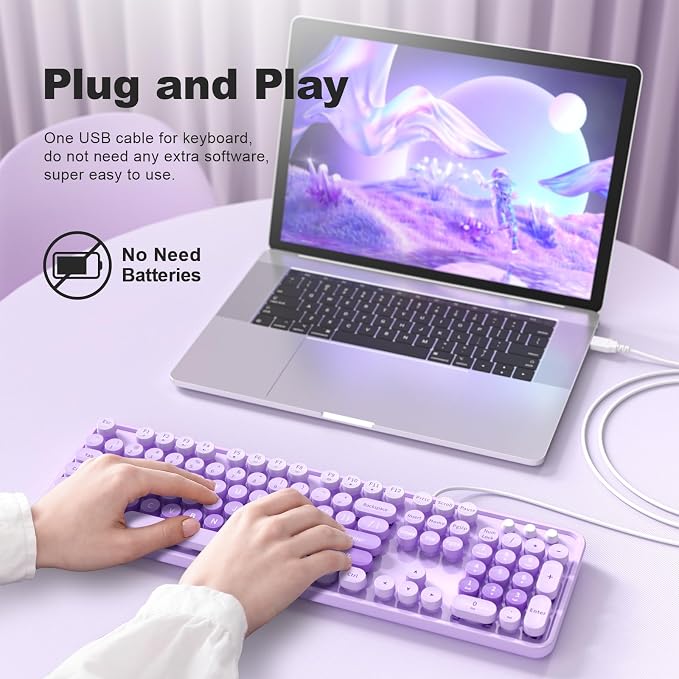 MOWUX Computer Keyboard Wired, Plug and Play USB Retro Round Typewriter Keyboard, Full Size Wired Keyboard with Foldable Stands for Laptop and Office PC- Purple with Large