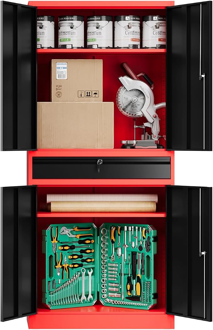 Fesbos 71" Metal Cabinet-Black&Gray Heavy Duty Storage File Cabinet Steel Tool Cabinets with Shelves, Lockable Doors and Drawers- for Garage, Pantry, Warehouse - Assembly Required