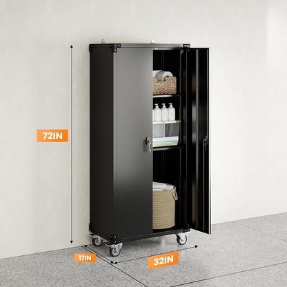 DUMOS 72" Metal Garage Storage Cabinet with Wheels, Tall Rolling Steel Tool Organizer with Adjustable Shelves and Locking Doors, Lockable File Cabinet for Garage, Home, Office, Warehouse, Black