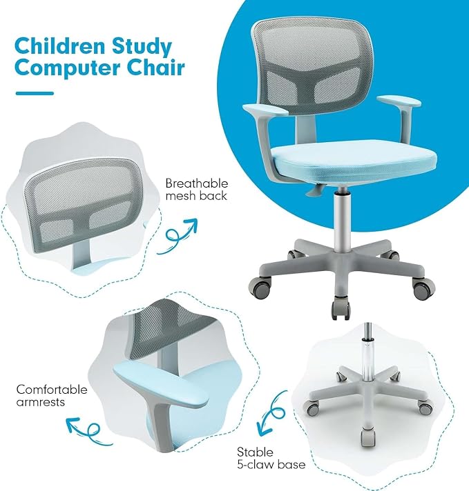 Kids Desk Chair, Height Adjustable Children Study Chair w/Lumbar Support, Swivel Mesh Seat, Universal Casters, Ergonomic Kids Task Chair for Boys Girls Aged 3-10, Home, School, Office(Blue)